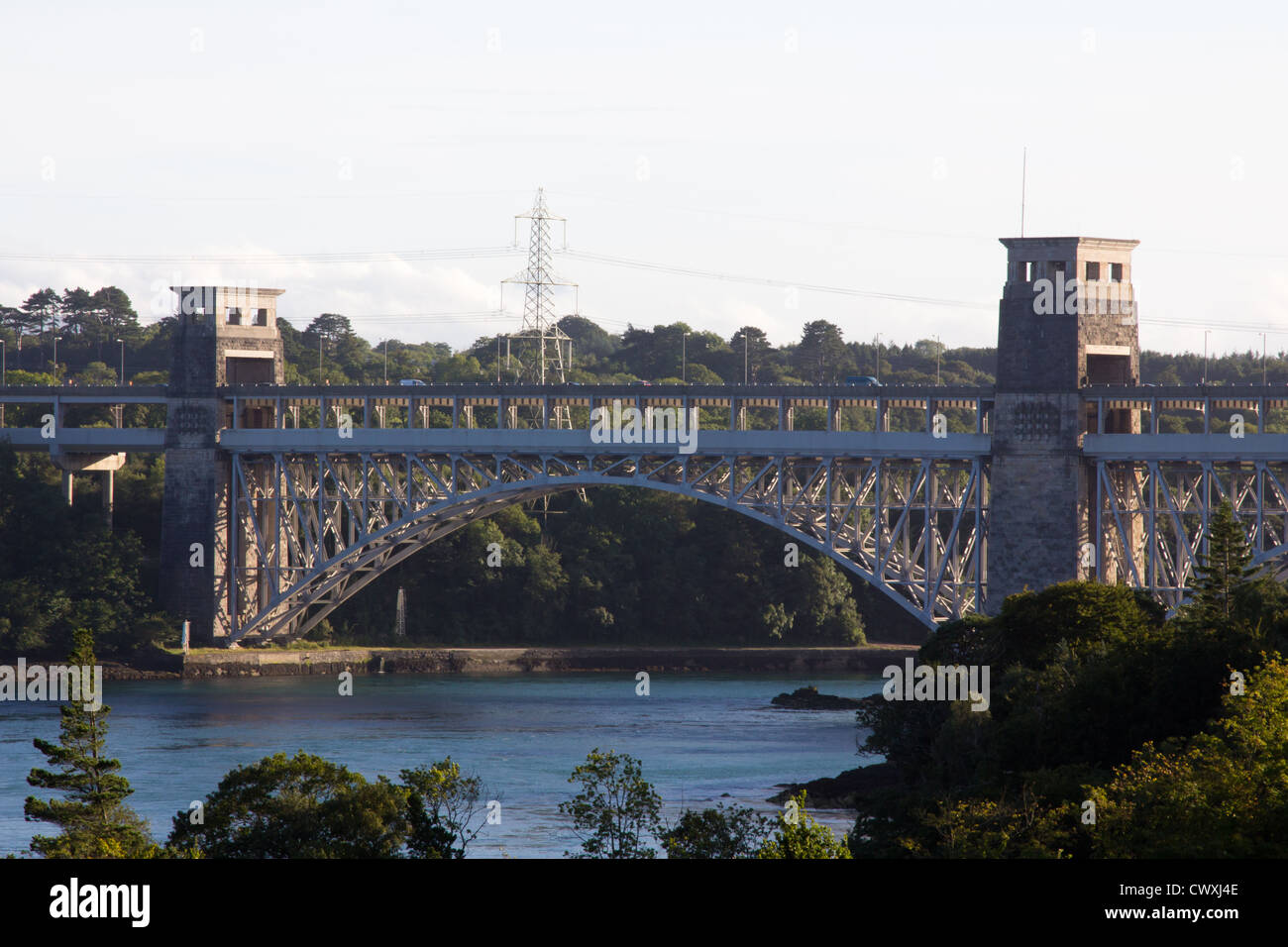 Britannia Bridge over the Menai Straits, both a road and rail link between Anglesey and the mainland Stock Photo