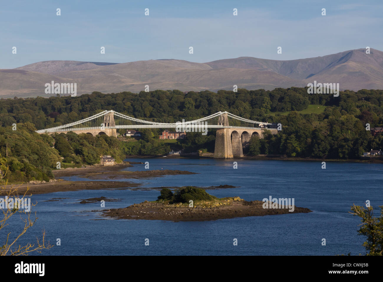 Menai suspension bridge, providing a road link between Anglesey to the mainland. Stock Photo