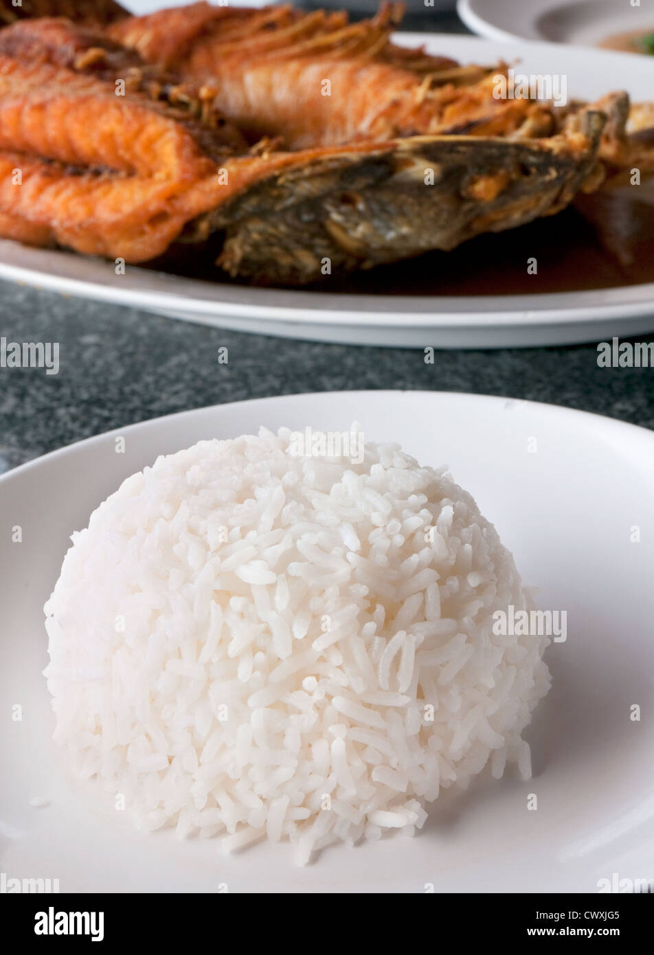 Steamed rice and fried snapper at Thai seafood restaurant. Shallow ...