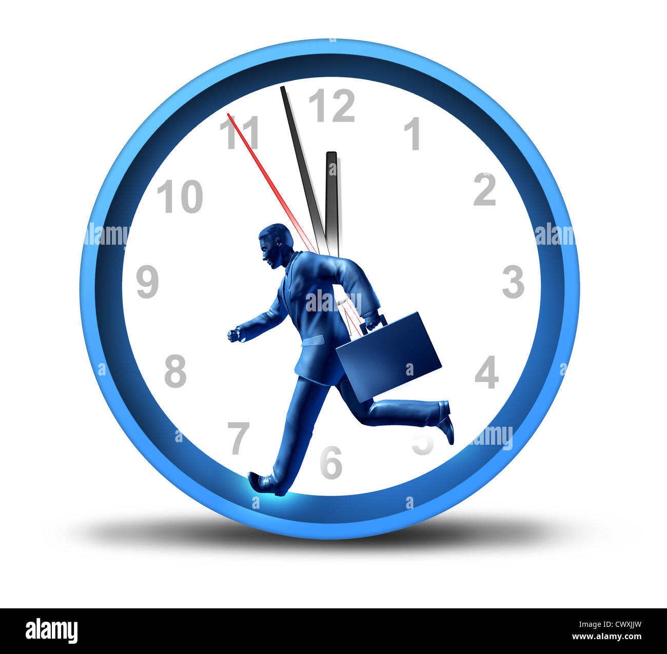Urgent business deadline with a man in a suit and breifcase running in a clock with minute and hour hands ticjing away as a symbol of work pressure and financial stress based on time constraints or fast service. Stock Photo