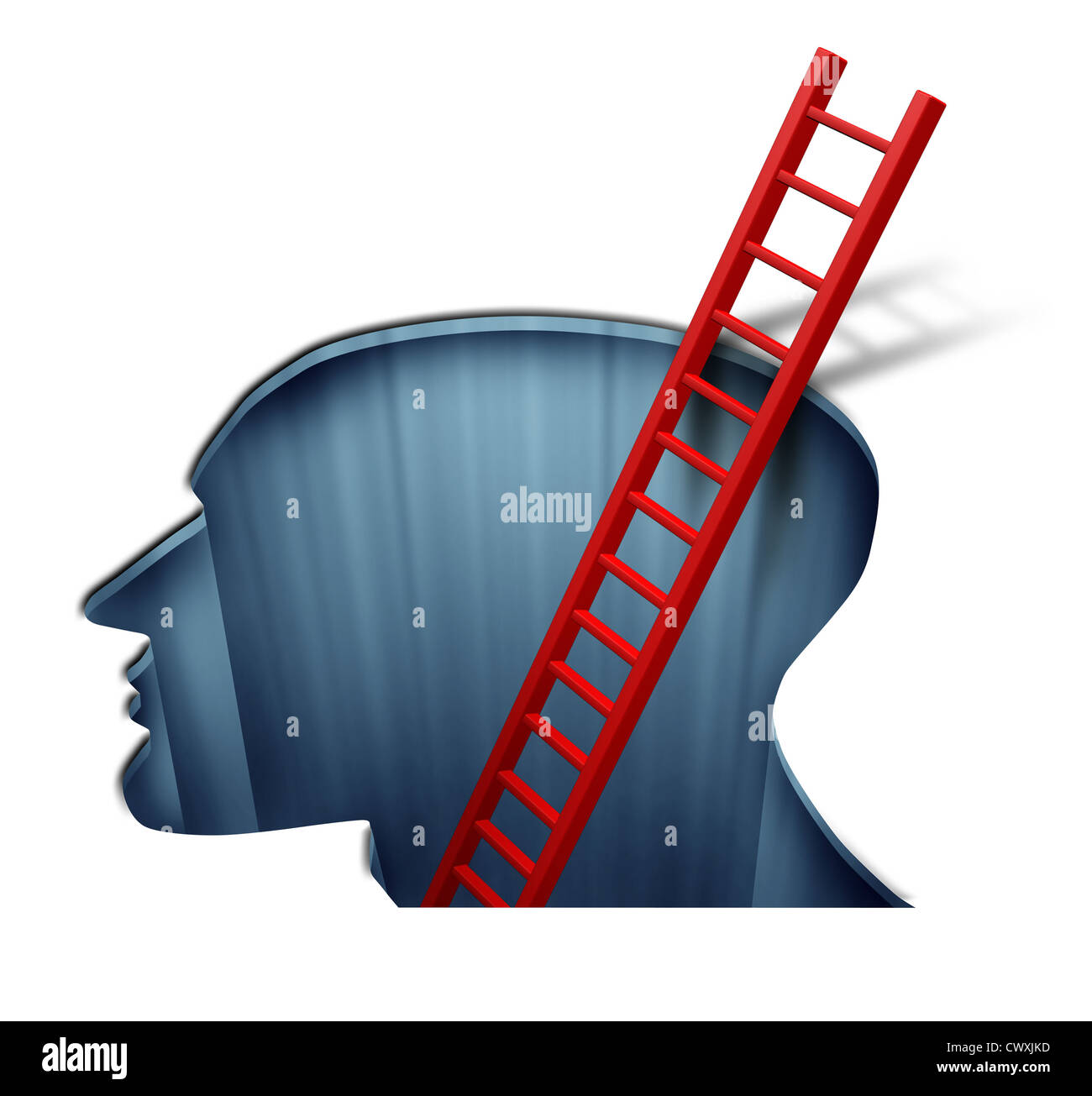 Psychotherapy and psychology for the study of the human brain function and intelligence by a therapist with a head profile and a red ladder going deep into the mind. Stock Photo