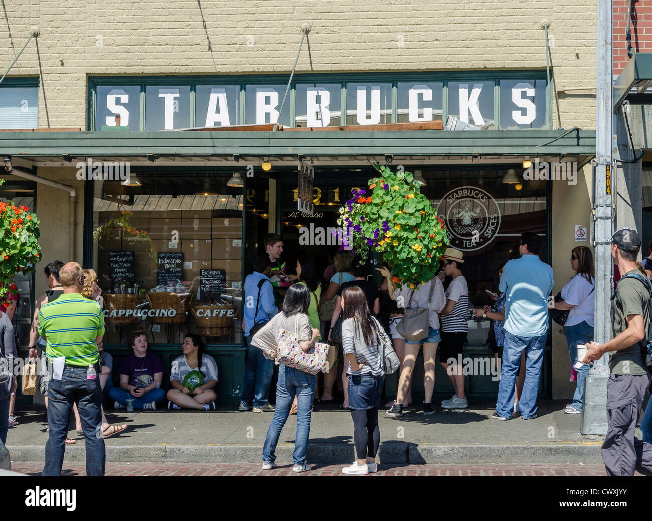 The very first Starbucks coffee shop which opened in 1971 in Seattle, USA Stock Photo