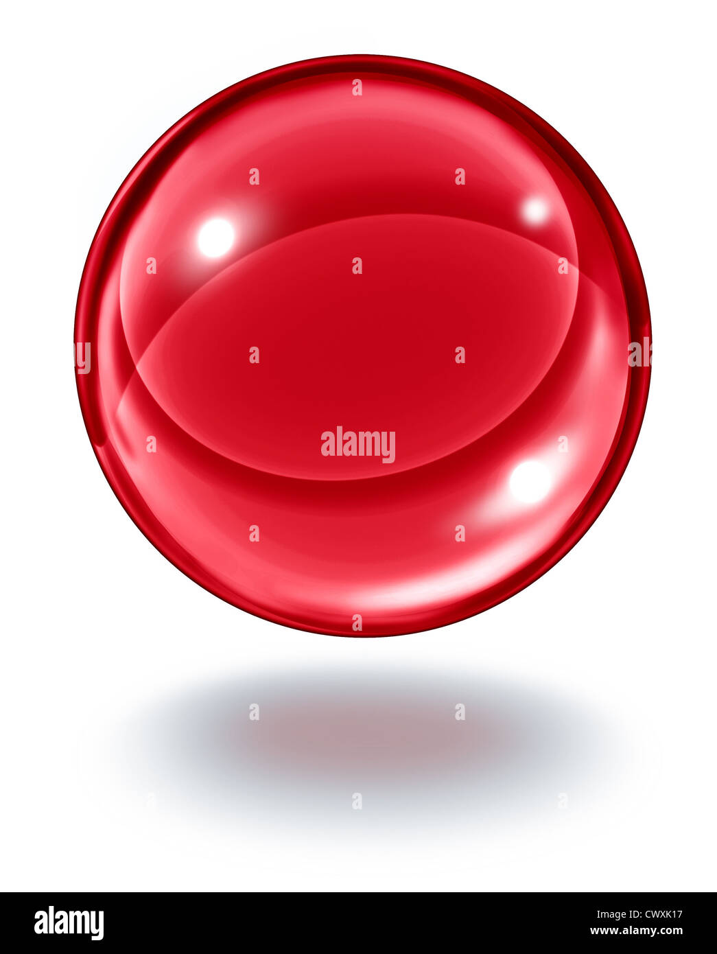 Red crystal ball floating in the air as a transparent ruby glass gem sphere on white with a shadow as a symbol of wealth and geometric elegance in design. Stock Photo