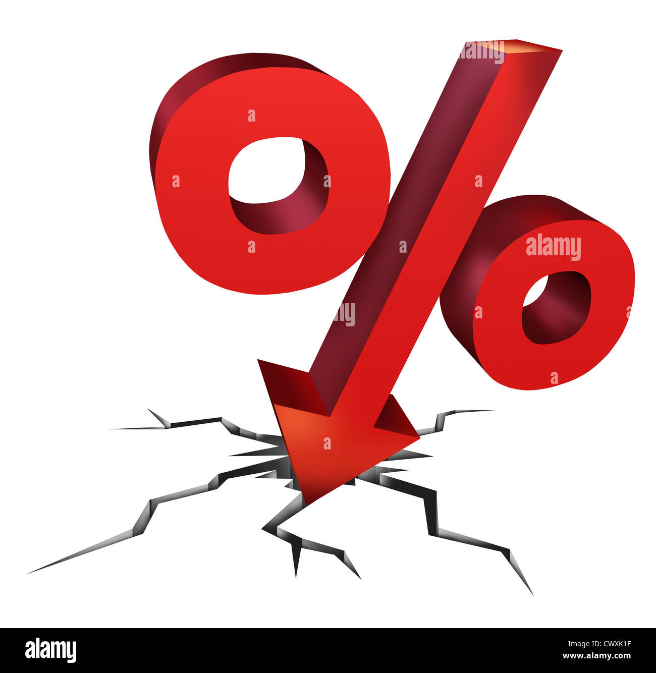 Falling interest rates as a red percentage sign as a symbol of an economic crash withh aa arrow falling down as a decline in money to be payed or bad investment decisions on a white background. Stock Photo