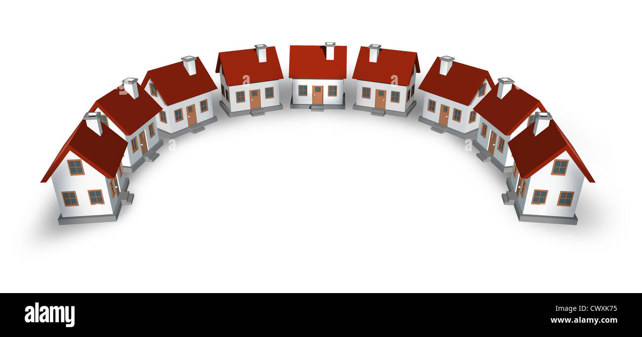 Real estate design element and residential community circle arc neighborhood with homes and houses lined up in a semi circular blank frame shape representing a close knit street in a housing project on a white background. Stock Photo
