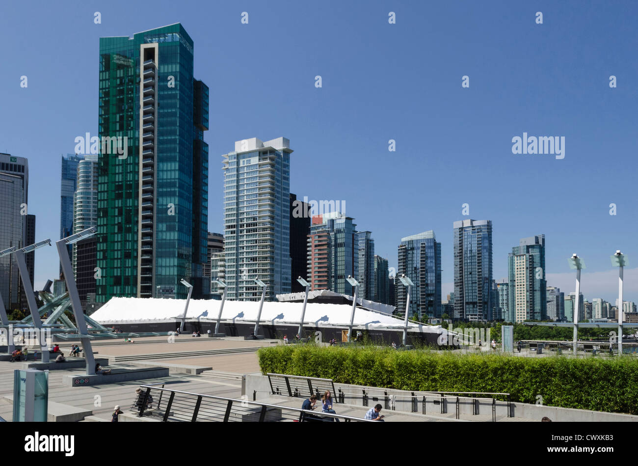 New apartments and office blocks along West Cordova Street and Harbour Green Park, Vancouver Stock Photo