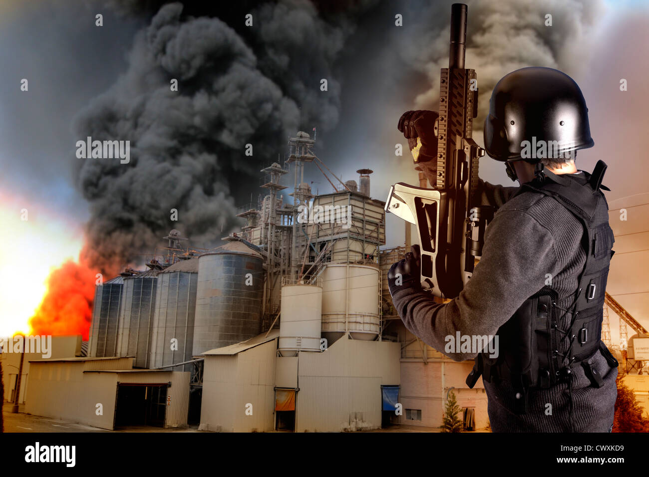 Industry security, armed police wearing bulletproof vests Stock Photo