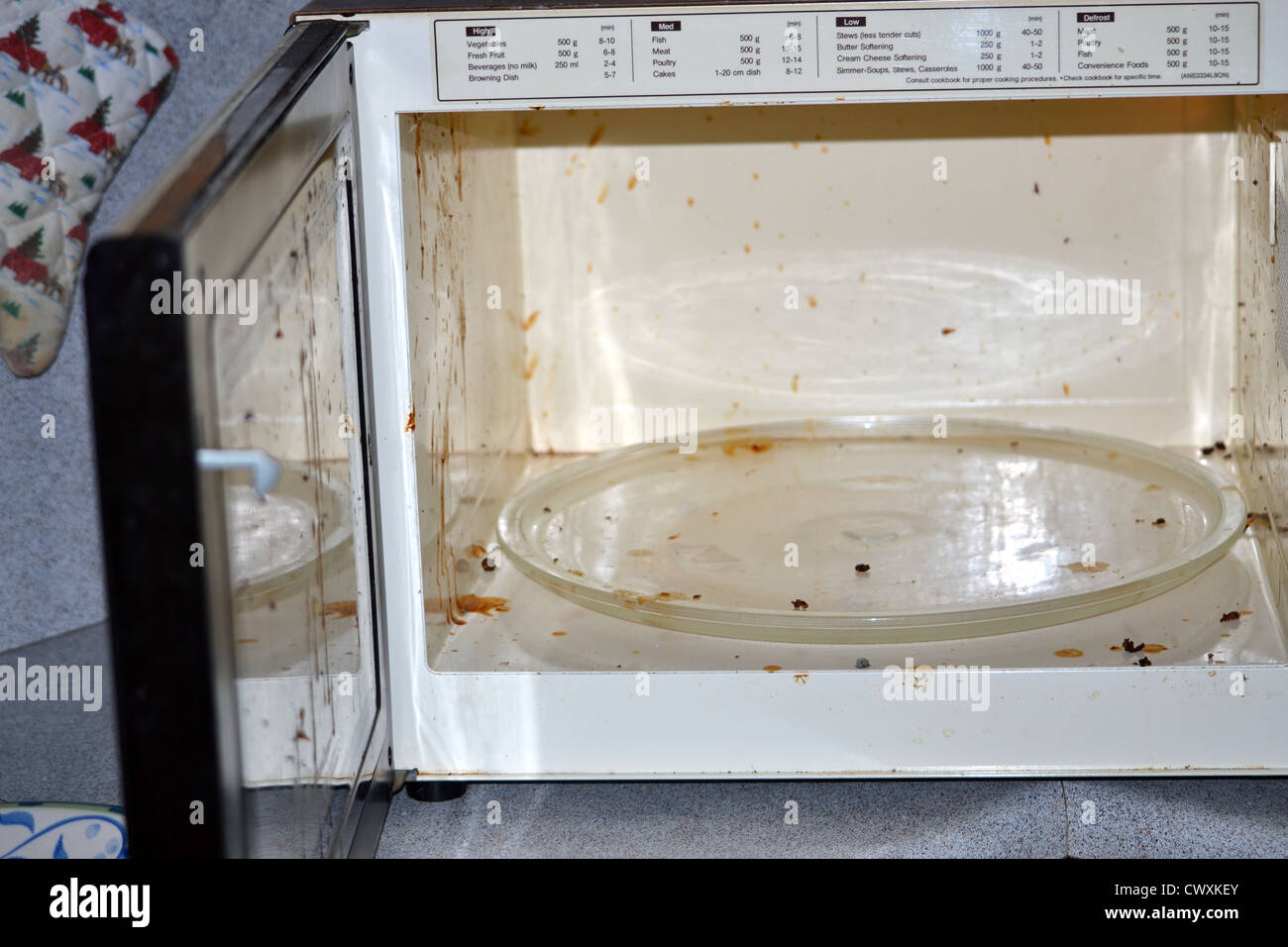 Dirty microwave with food splattered inside Stock Photo Alamy