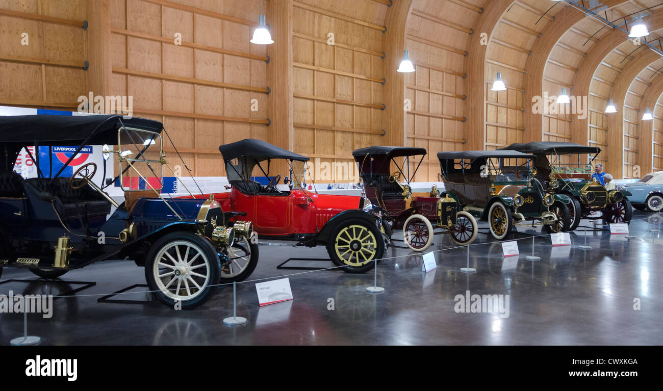 Inside Le May - America's Car Museum, Tacoma, Washington State, USA with row of classic vintage cars. Stock Photo
