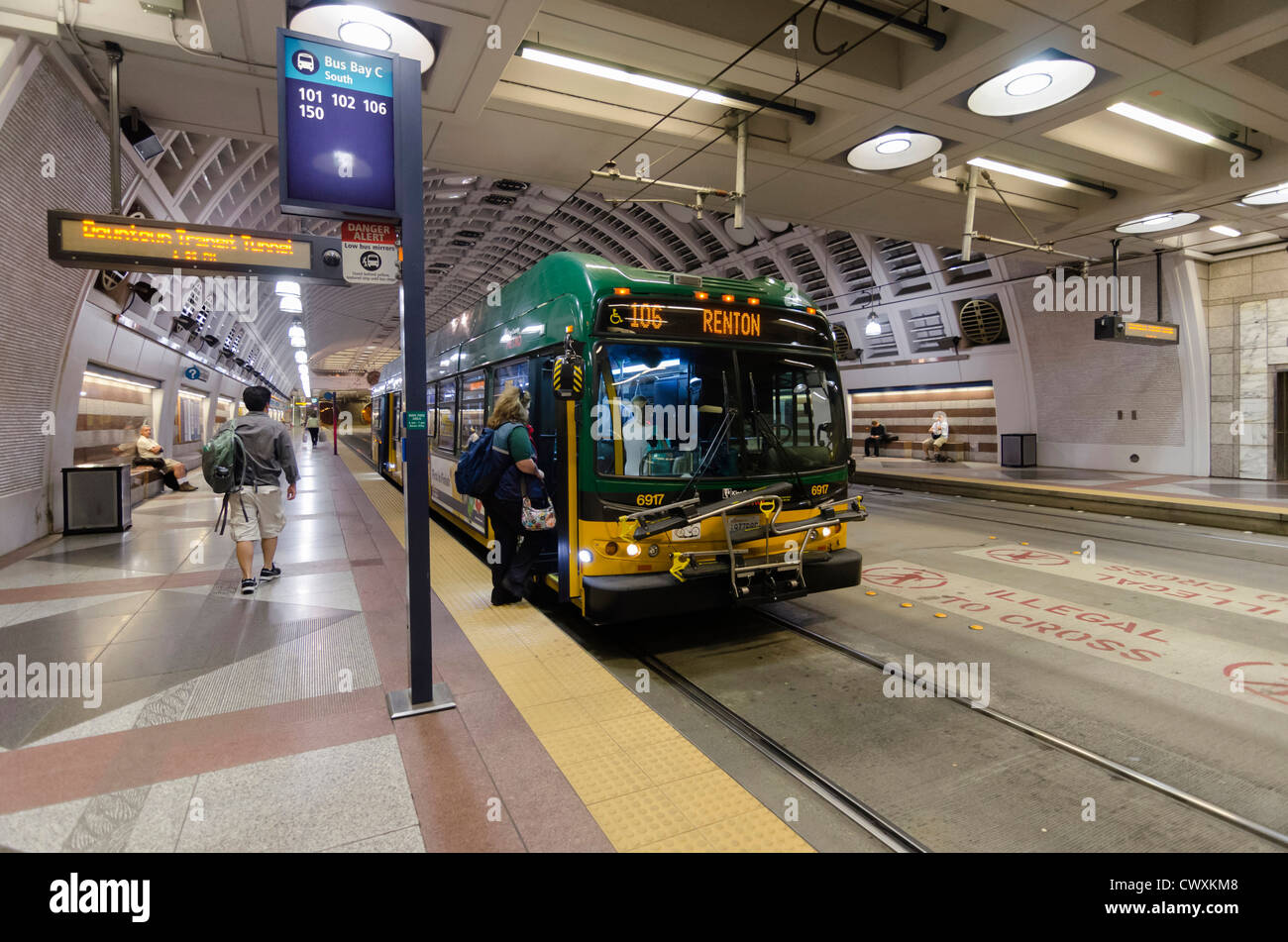 A bus at the underground station at the Westlake Centre, Seattle, USA. Stock Photo