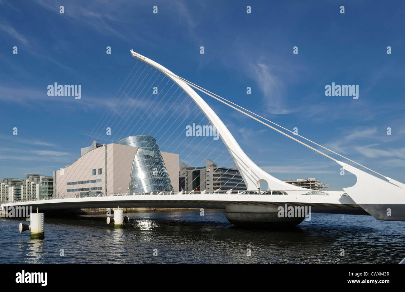 Dublin, Samuel Beckett Bridge over the river Liffey, Dublin and showing the city's new Convention Centre behind, Ireland Stock Photo