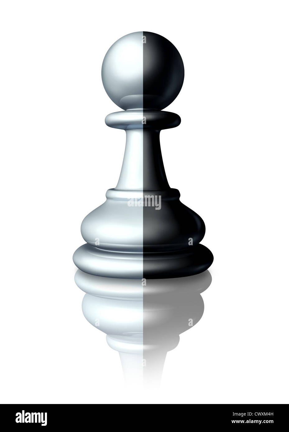 Two faced or double agent secret agent as symbolised by a chess pawn that is painted white and black as a dishonest liar pretending to be somebody else or a symbol of ethnic race and racial equality. Stock Photo