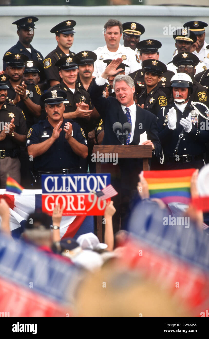 President Bill Clinton waves to his supporters during a campaign stop for his re-election August 28, 1996 in Royal Oak, Michigan. Stock Photo