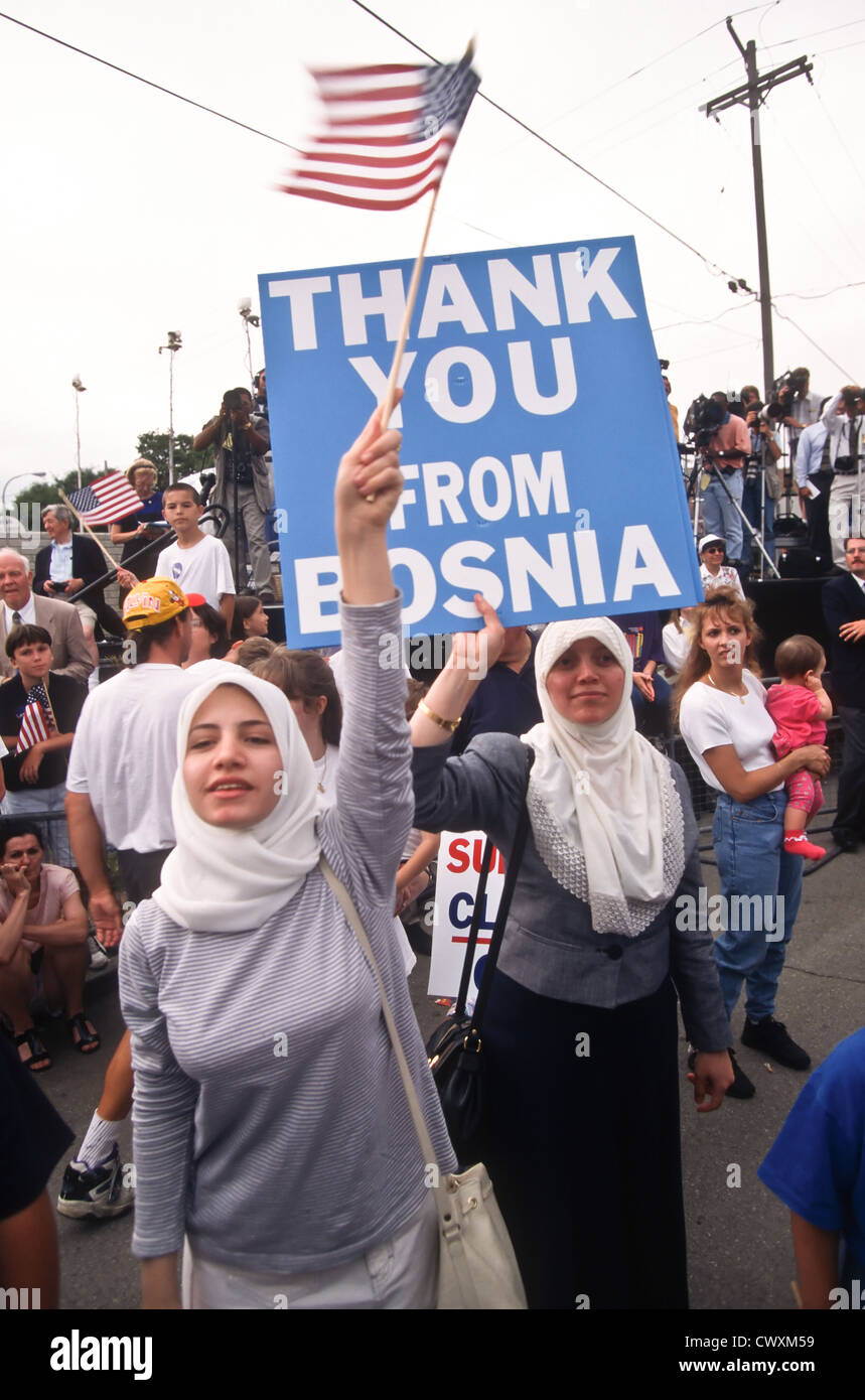 Bosnian Muslim women show support for President Bill Clinton during a campaign stop for his re-election August 28, 1996 in Royal Oak, MI Stock Photo