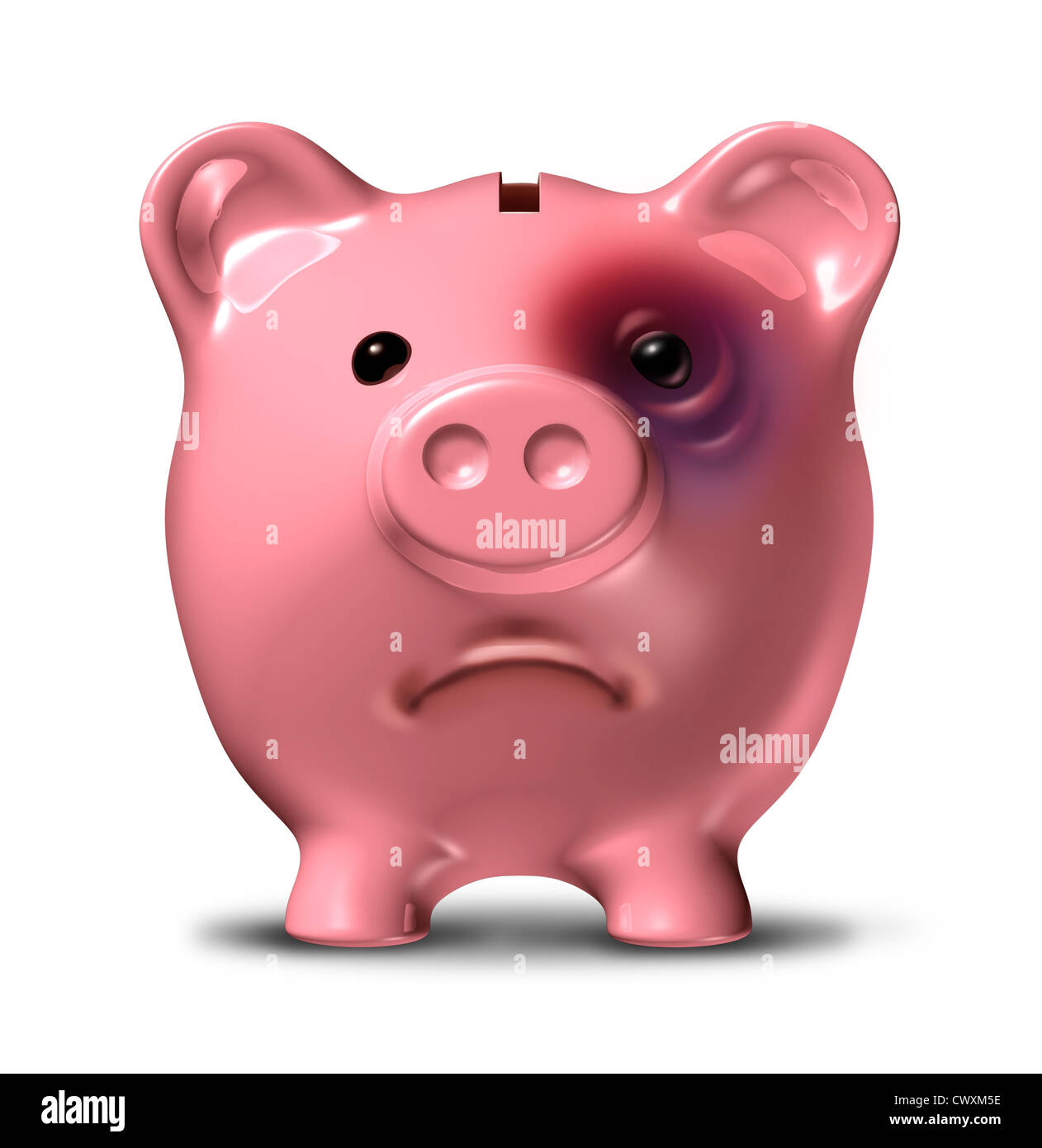 Financial stress and debt crisis as a bad investment business concept with a pink piggy bank with a painful black eye as an icon of broken home finances and budget problems due to the economic recession. Stock Photo
