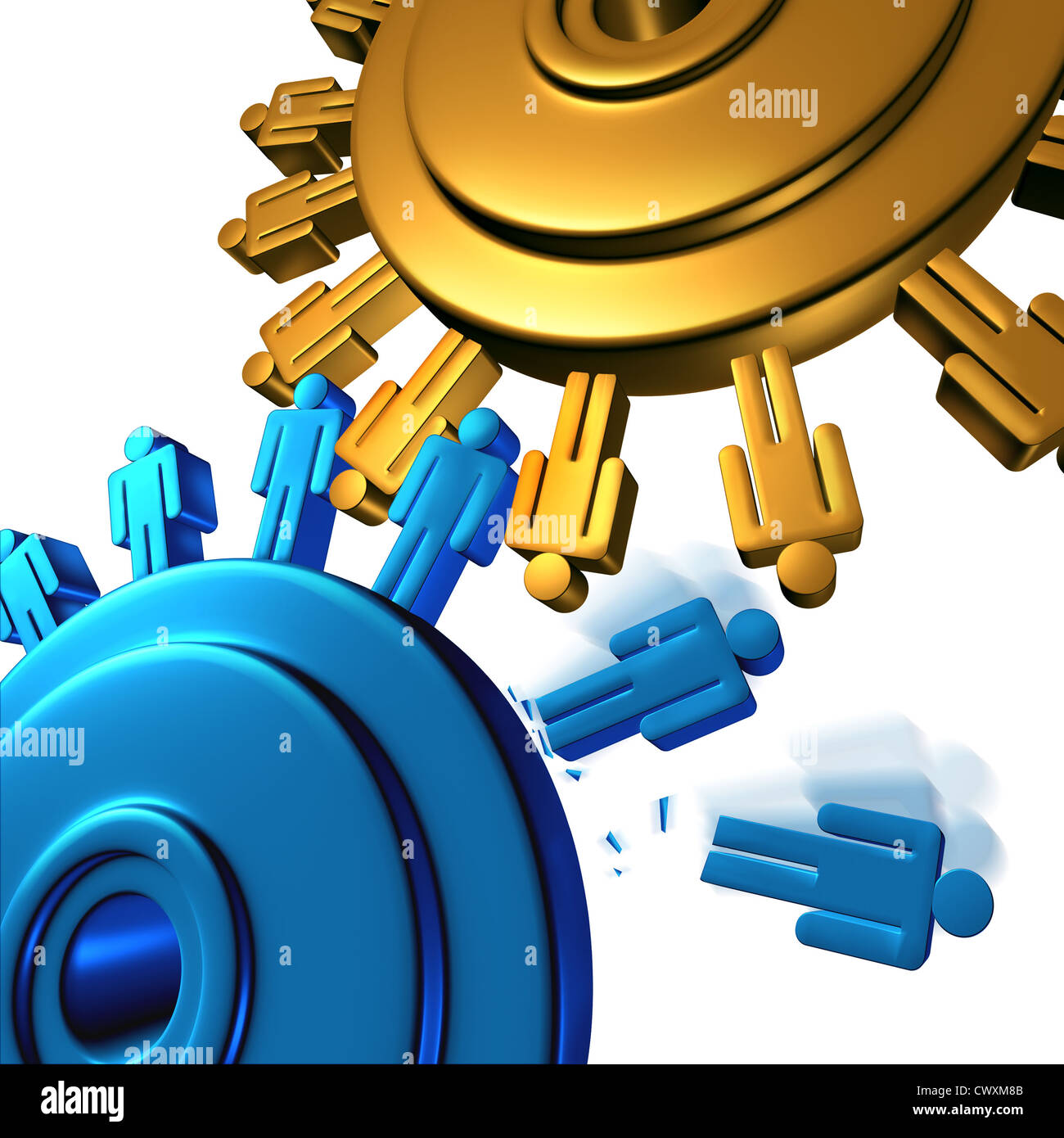 Downsizing and unemployment with job cuts and losses for better business efficiency with teamwork firings to reduce the work force finincial budget of a company with two gears or cogs in the shape of people icons on white. Stock Photo