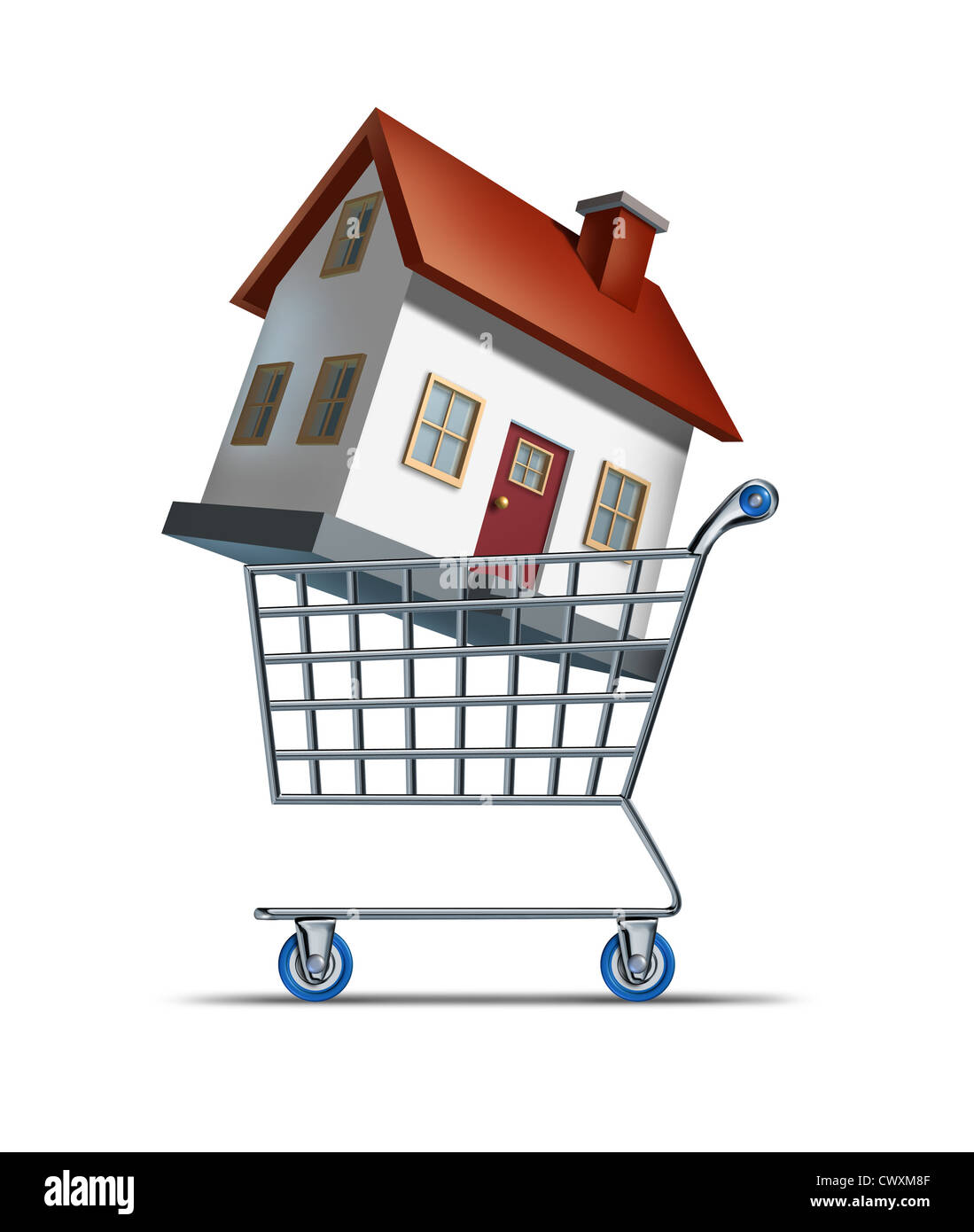 House shopping and buying homes as a real estate market symbol with a shop cart and a three dimensional family residence representing the building and construction industry sales on a whte background. Stock Photo