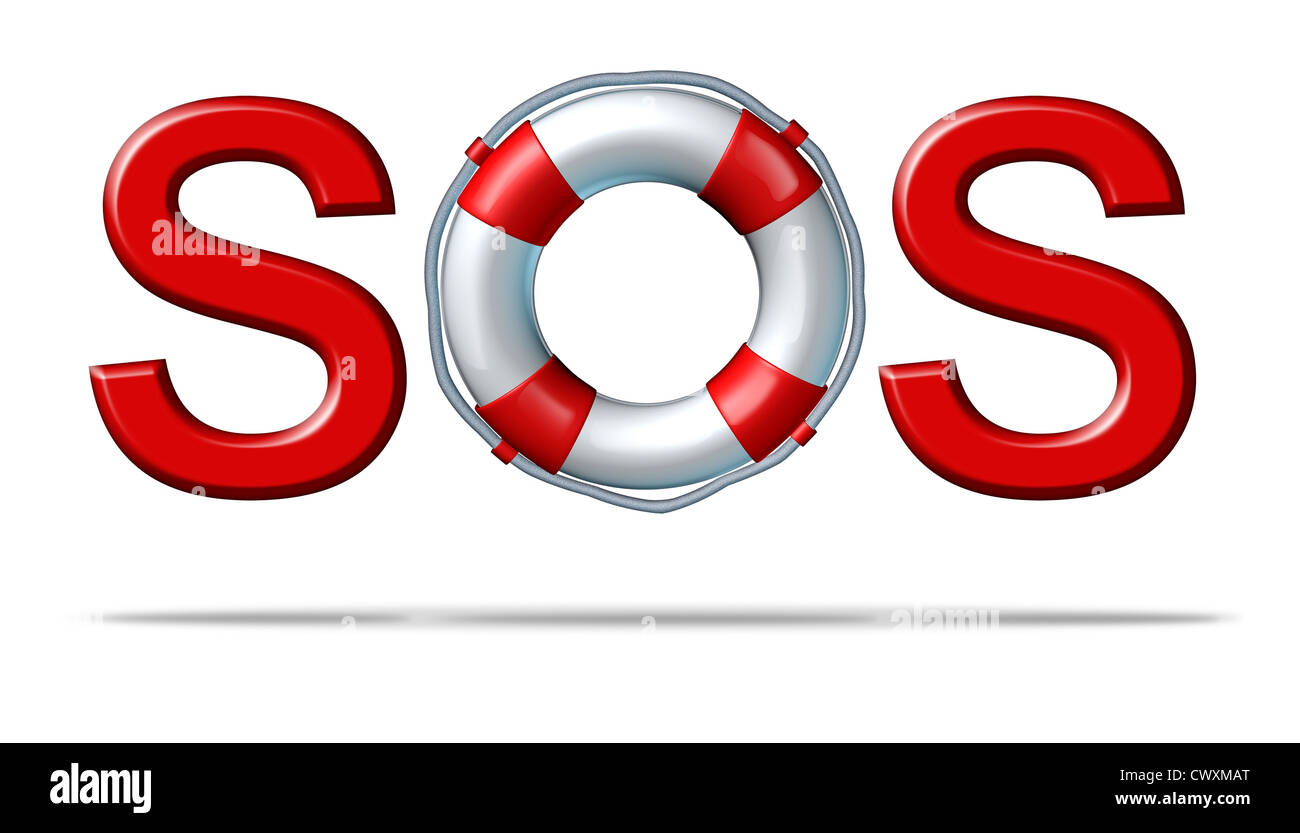 Help SOS symbol with a life preserver as the letter o representing emergency services and rescue assistance insurance for protection and safety from dangers on a white background. Stock Photo