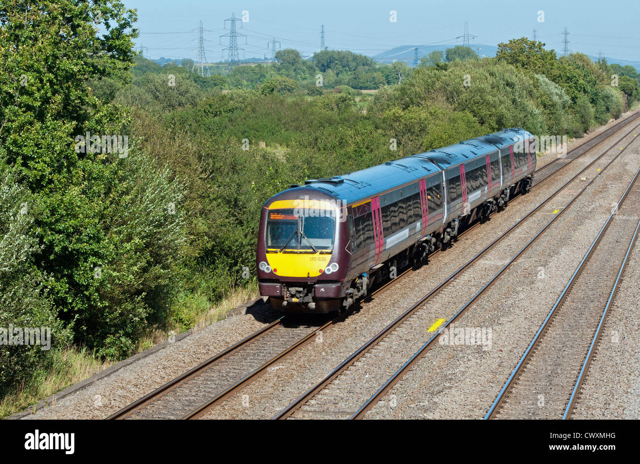 Diesel Passenger Train heading west out of Newport towards Cardiff, south Wales Stock Photo