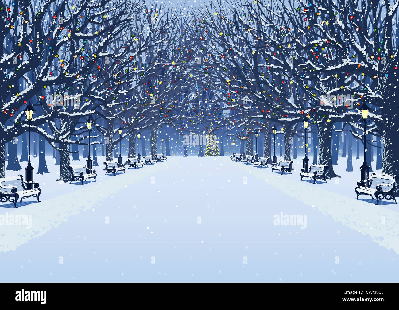 Avenue of trees, street lamps and benches in a snow covered park Stock ...