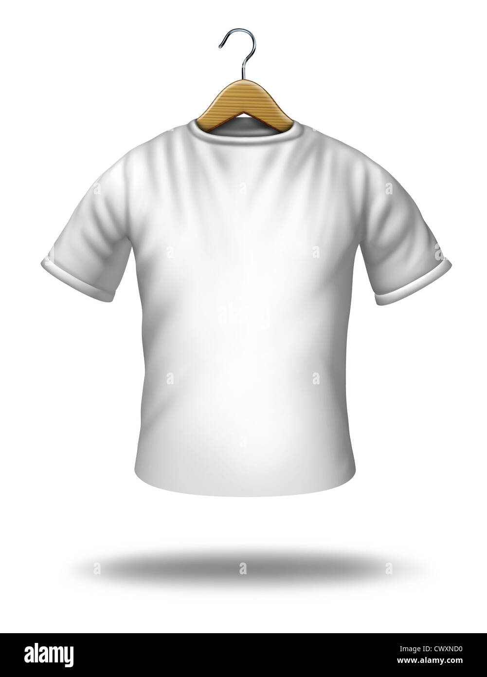 Clothing hanger on a white blank shirt or t-shirt hanging in the air as a symbol of merchandise and textile icon. Stock Photo