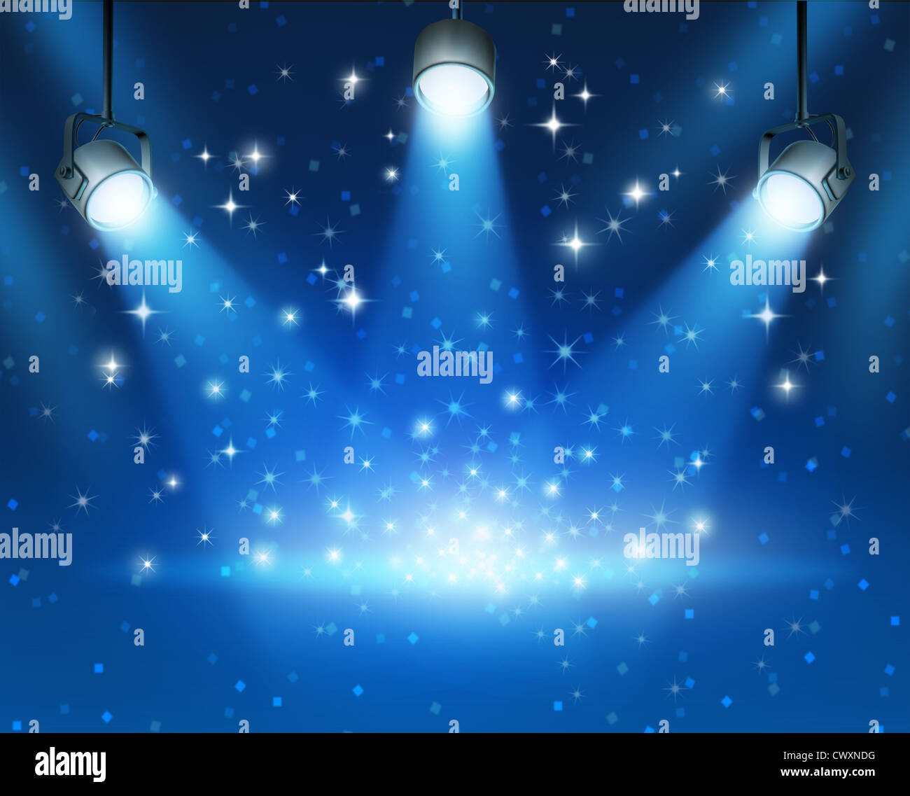 Magical blue abstract image of concert lighting against a dark glowing background Illustration with shiny sparkles with a blank Stock Photo