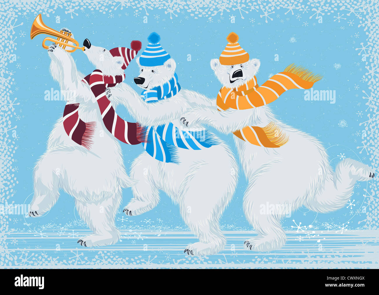 Illustration of three funny polar bears in scarves Stock Photo