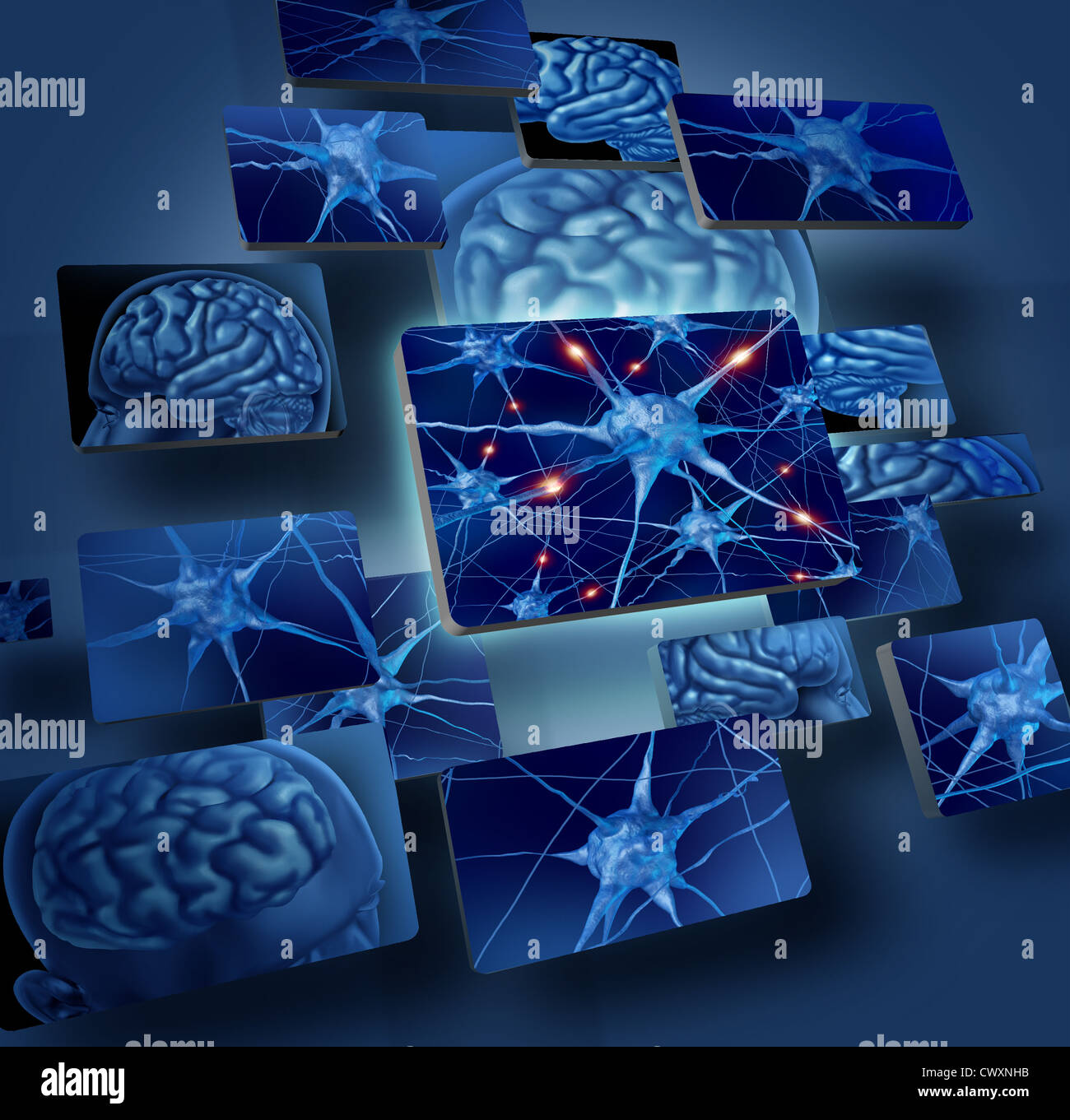 Brain neurons concepts as human brain medical symbol represented by geometric windows close up of neurons and organ cell activity showing intelligence related to memory. Stock Photo