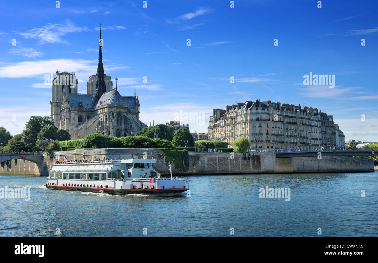 The passenger ship on river Seine near to island Cite in Paris, France. Stock Photo