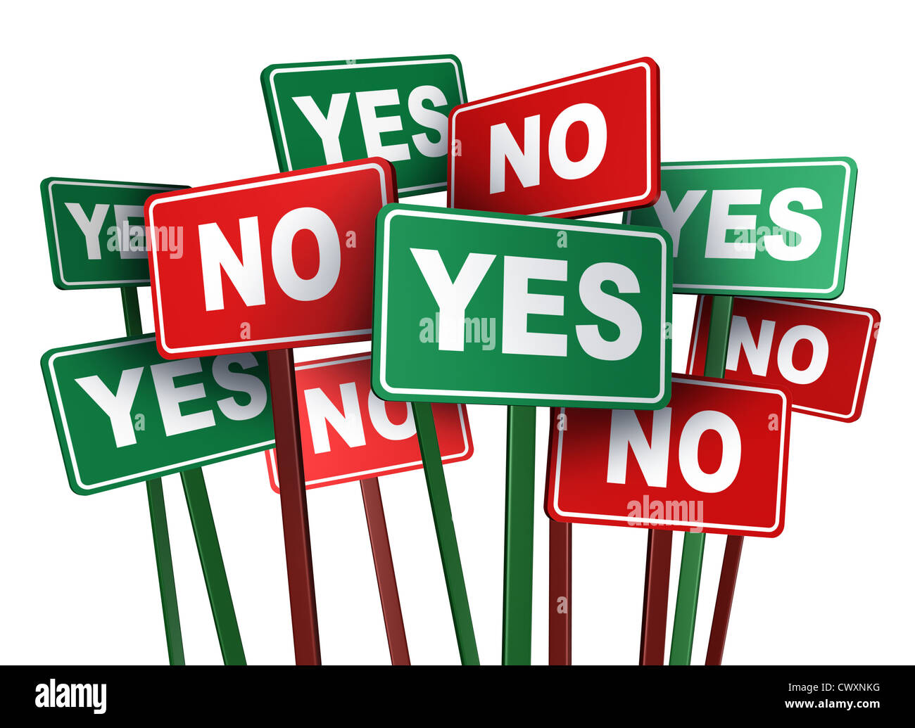 Voting yes or no with opposing and conflicting green and red campaign signs representing politics and important political issues that divide social opinion resulting in mass protest and demonstrations. Stock Photo