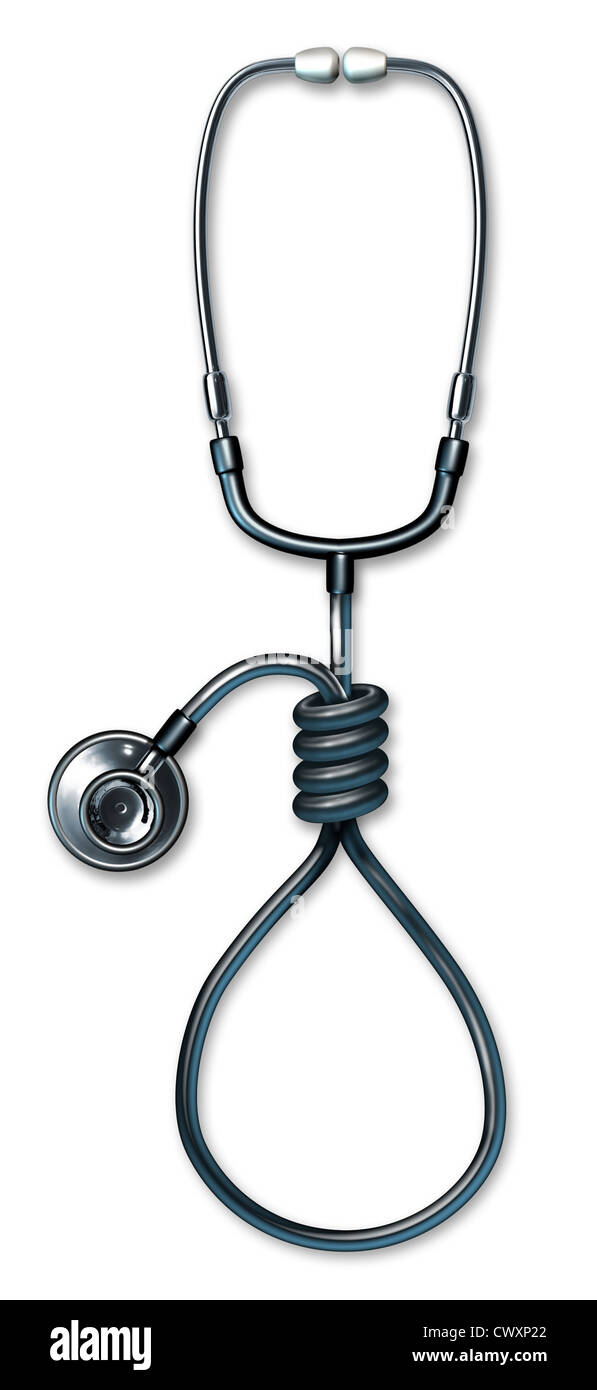 Medical insurance debt crisis symbol with a stethoscope in the shape of a hangman noose tied rope representing desperate financial problems due to hospital bills after an injury or disease. Stock Photo