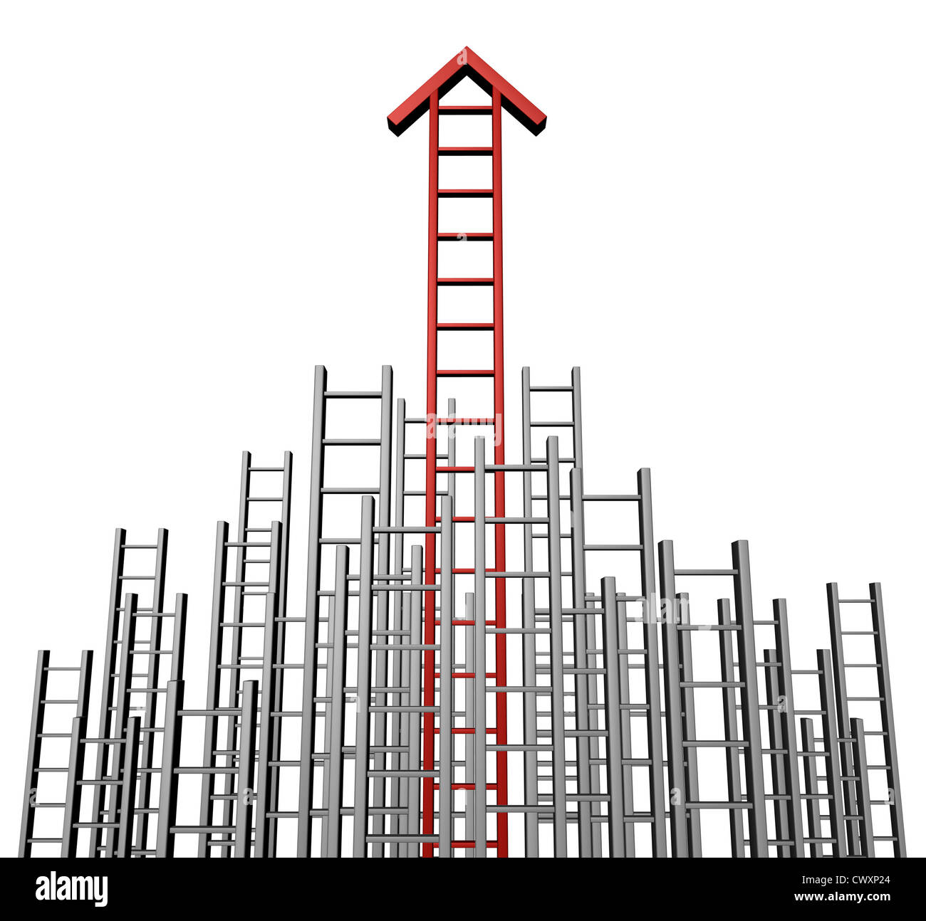 Success arrow ladder with a group of lower grey ladders and a red