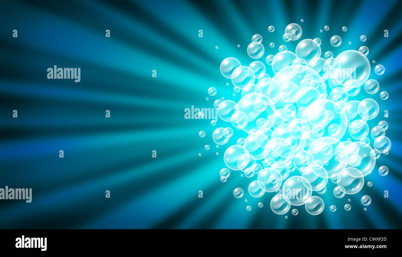 Bubbles and transparent soap sud bubble background with a burst of light rays radiating from a group of spheres as clean blue symbols of cleaning washing and freshness. Stock Photo