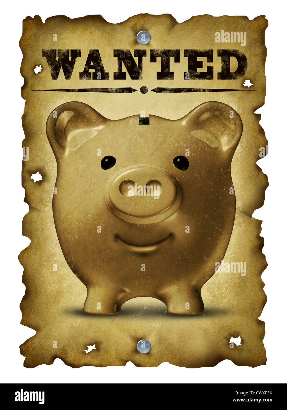 Savings and finance concept with an old grunge western wanted poster with bullet holes and a portrait of a vintage piggy bank as a symbol of home finances and searching for financial sucess. Stock Photo