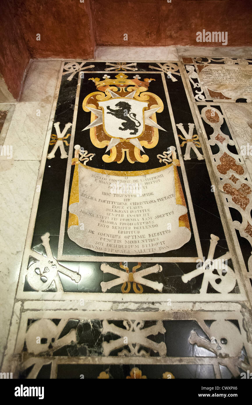 Vertical shot of marble tombstone in St John's Co-Cathedral in St John's Square, Valletta, Island of Malta, Mediterranean Sea Stock Photo
