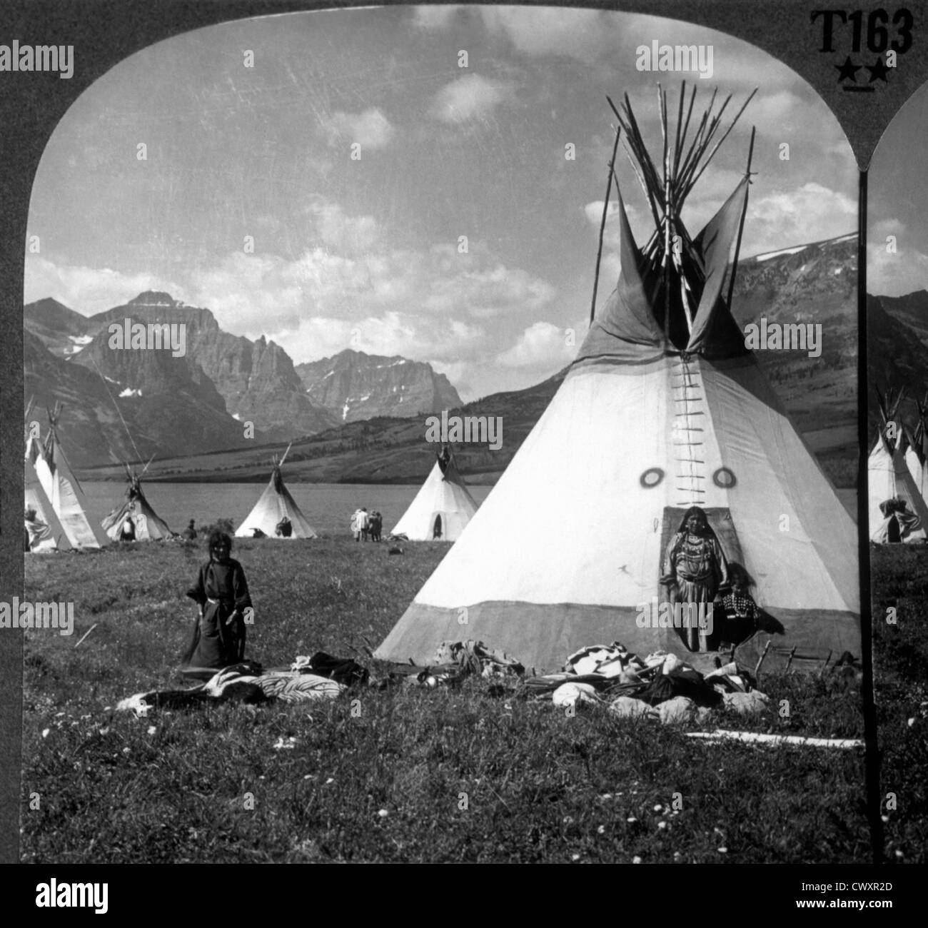 Blackfoot Indian Village Near St. Mary's Lake, Montana, USA, Circa 1900 Stock Photo