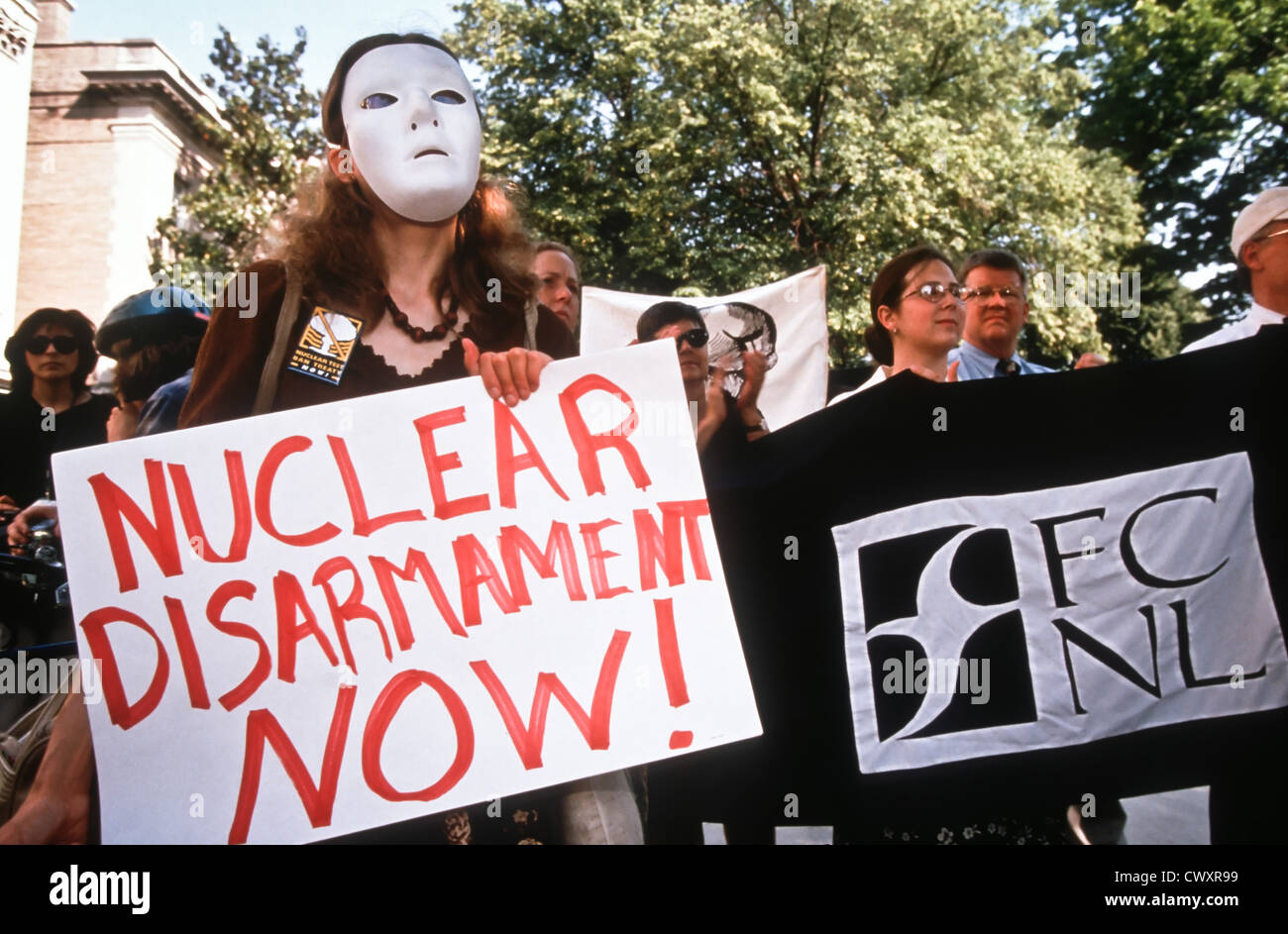 Greenpeace protestors, wearing masks, rally outside the Embassy of Pakistan, May 28, 1998 in Washington, DC. The protesters called for an end to nuclear arms race which has increased with Pakistan joining nuclear armed nations. Stock Photo