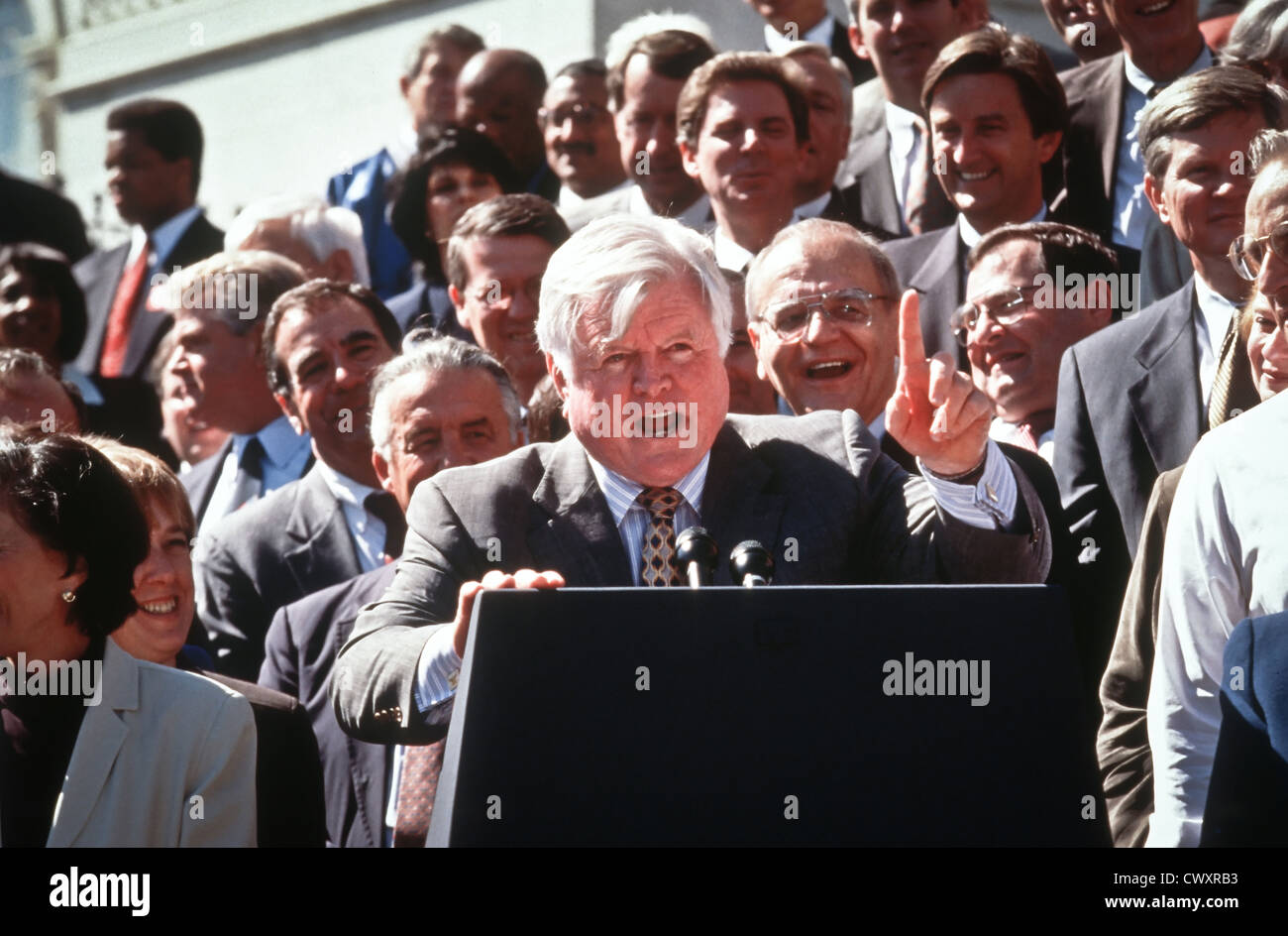 Senator Ted Kennedy speaks at a rally against a proposed Republican tax plan which will cut Social Security benefits outside the US Capitol September 24, 1998 in Washington, DC. Stock Photo