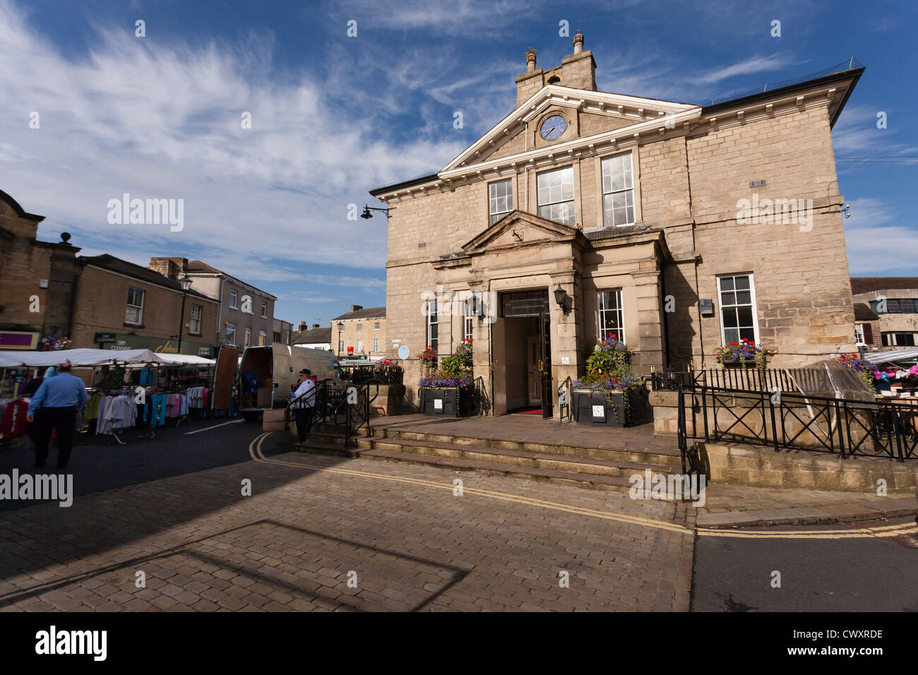 Wetherby Town Hall, and market place on market day. The Town Hall was built in 1845. Stock Photo