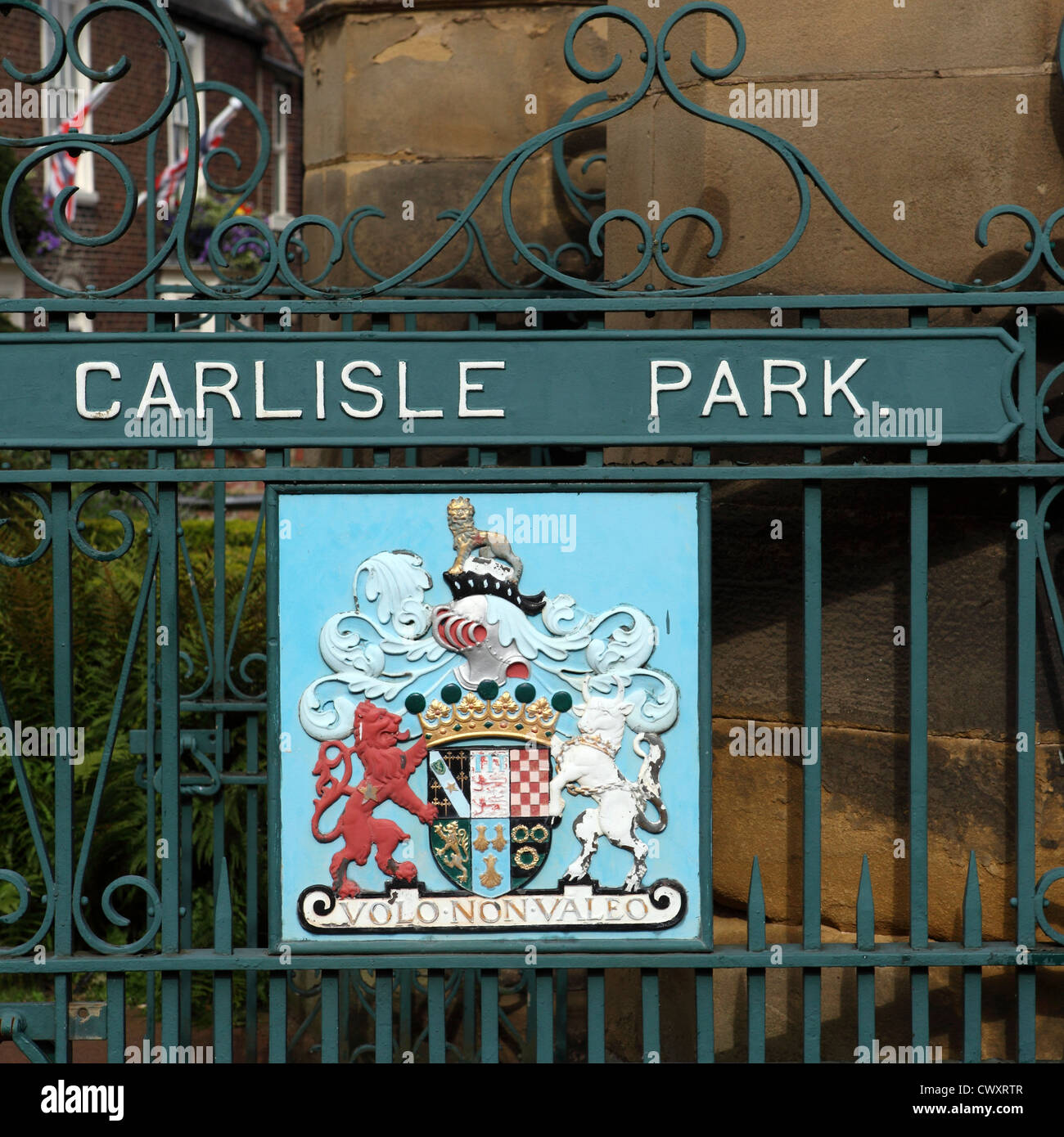 The gates of Carlisle Park in Morpeth, Northumberland, England. Stock Photo