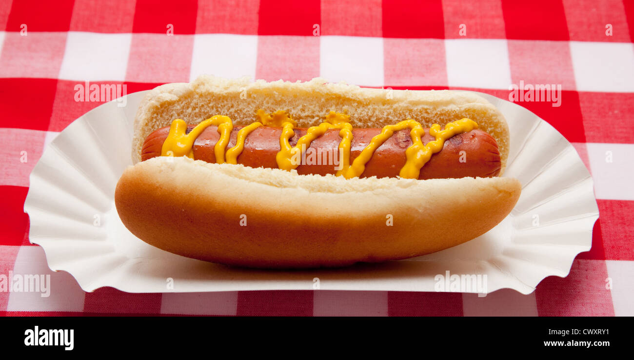 A hot dog with mustard on a red gingham tablecloth Stock Photo