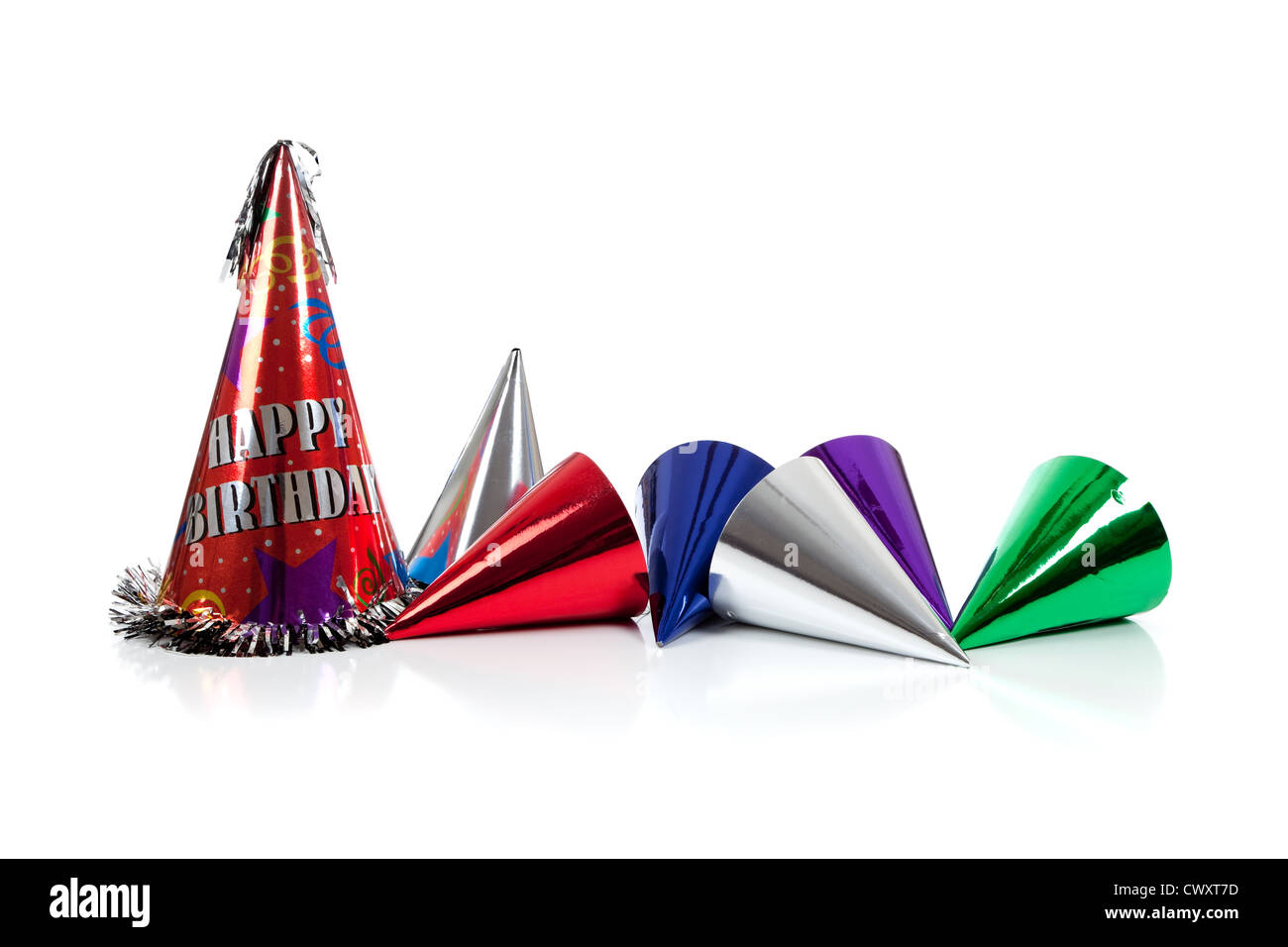 Assorted birthday hats on a white background Stock Photo Alamy