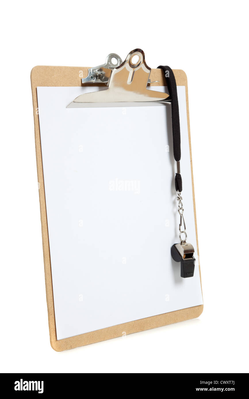 A clip board with a whistle and a blank piece of paper on a white background Stock Photo