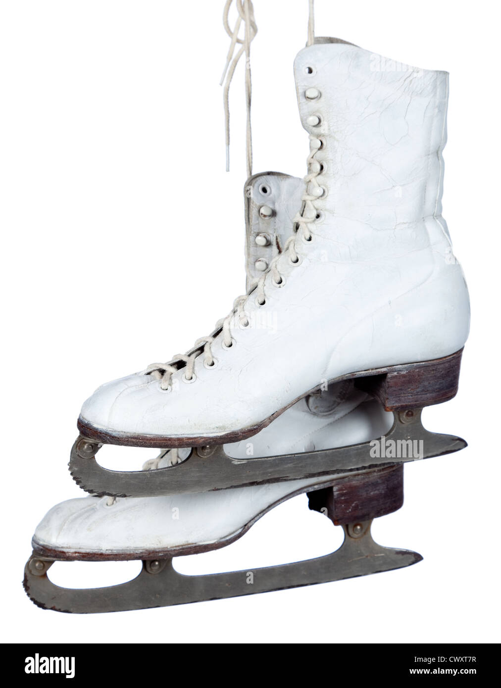 A pair of white ice skates on a white background Stock Photo