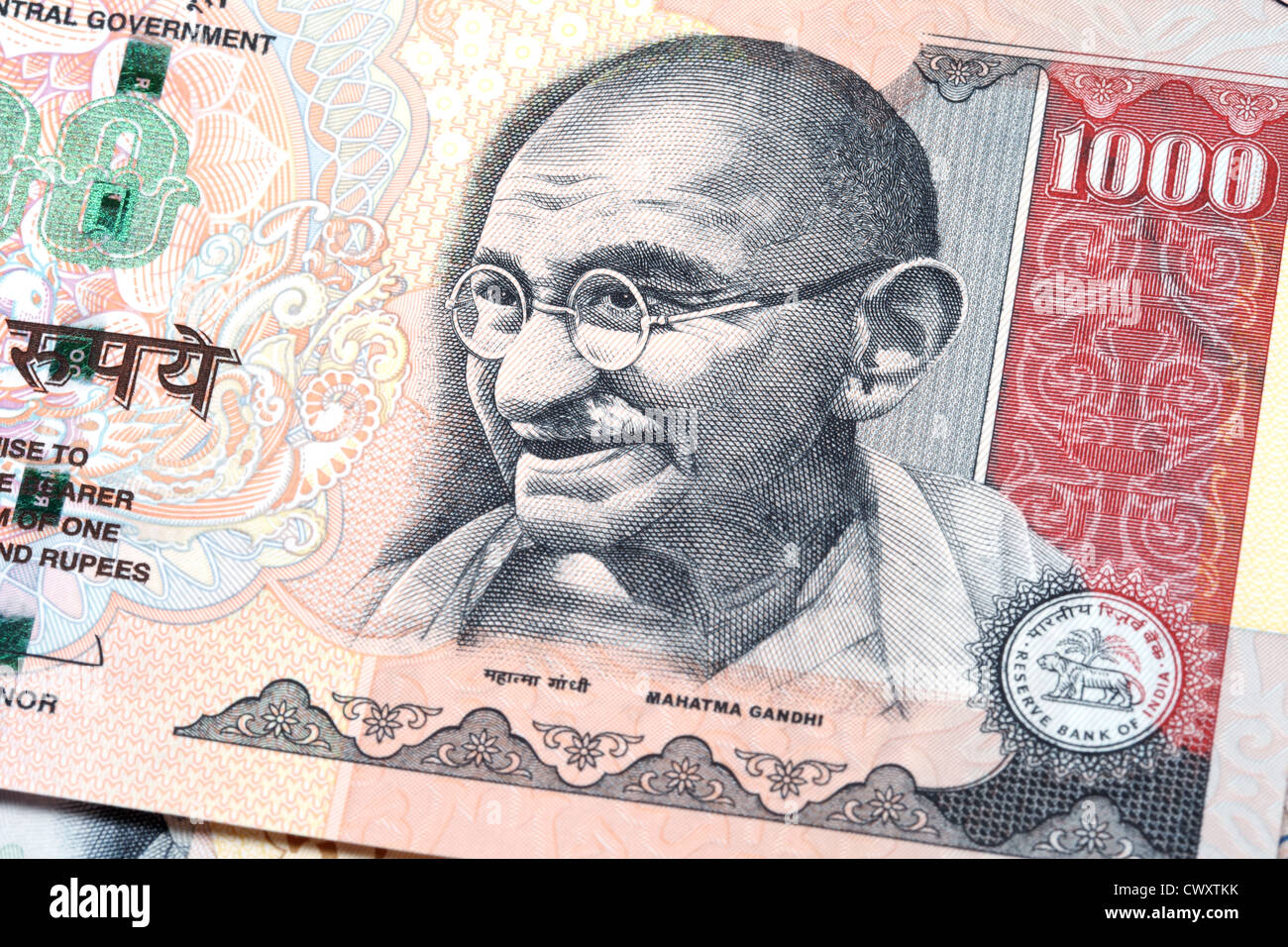 closeup of gandhi on Indian thousand rupee note Stock Photo