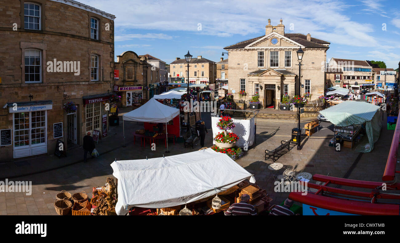 Wetherby Town Hall, and market place on market day. The Town Hall was built in 1845, Stock Photo