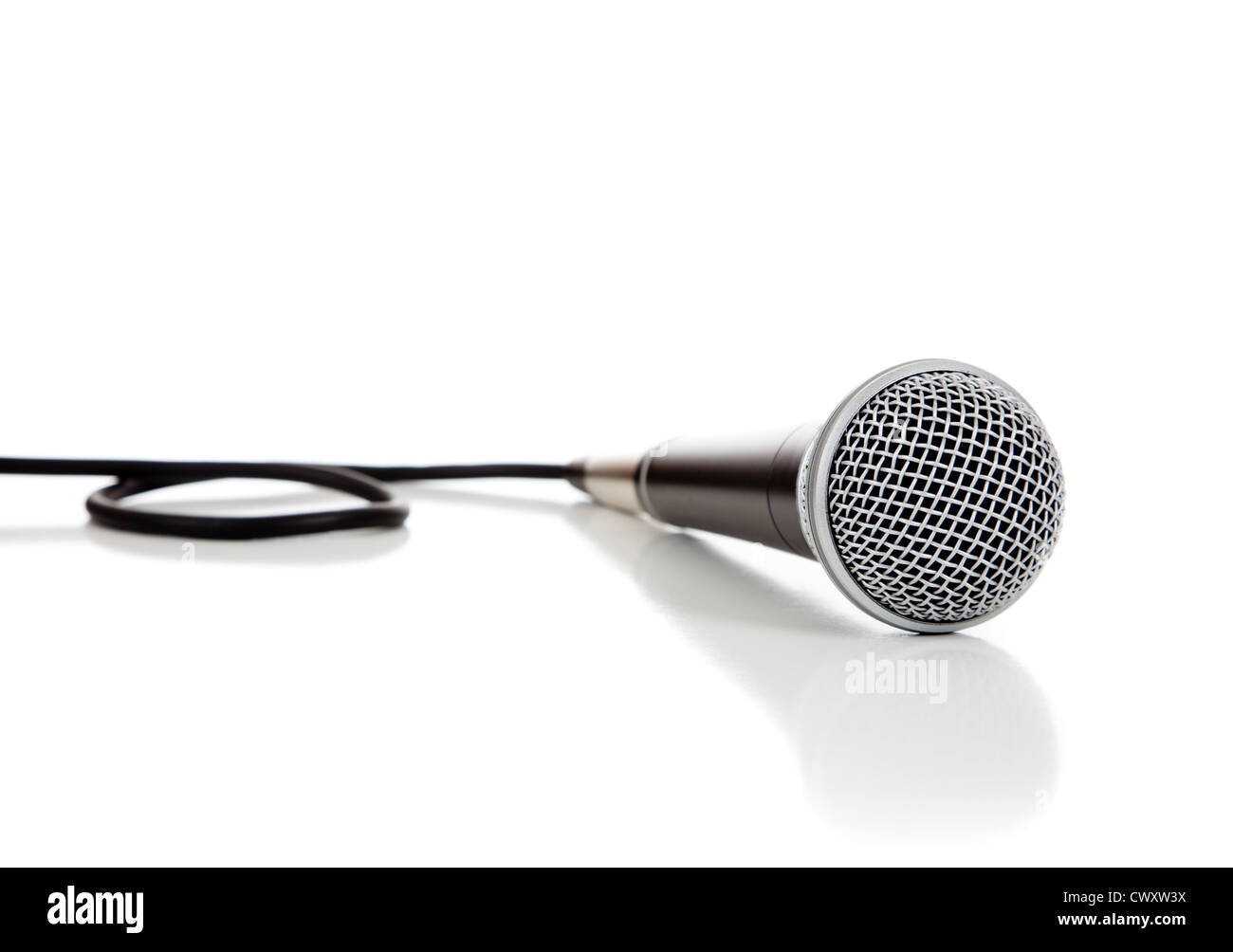 A black and silver mic on a white background Stock Photo