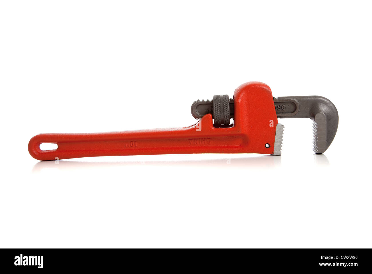 A red pipe wrench on a white background Stock Photo