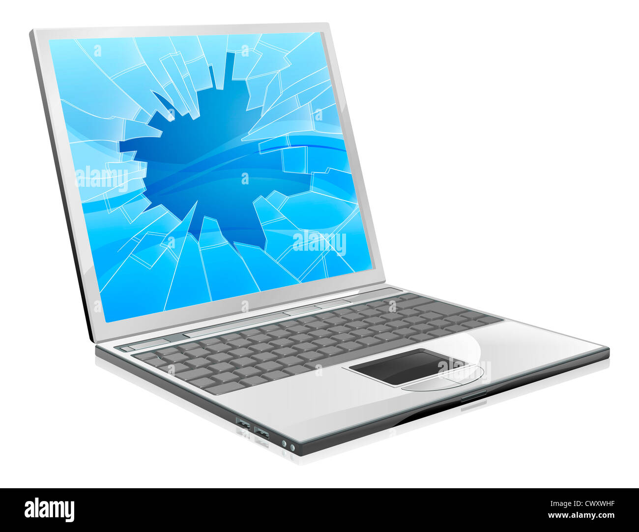 An illustration of a laptop with a smashed or broken screen Stock Photo