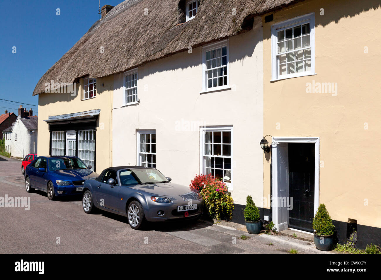 Thatched houses in The Square, Puddletown, Dorset Stock Photo